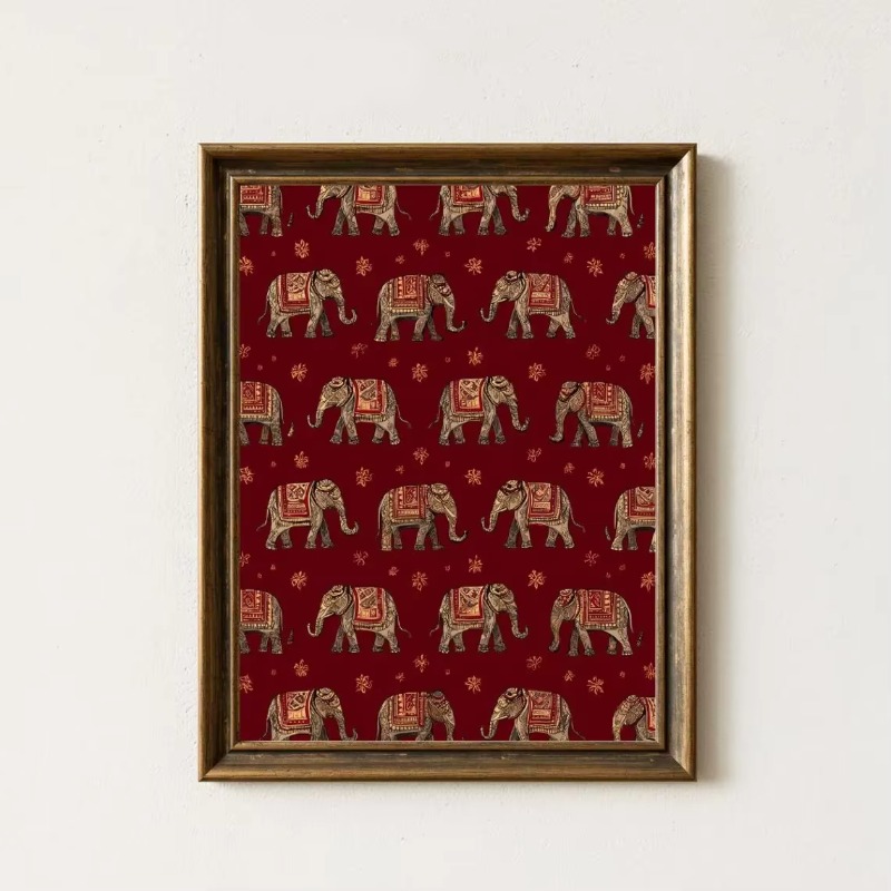 Interior Design Layout - Indian Elephant Pattern Print, Red Textile