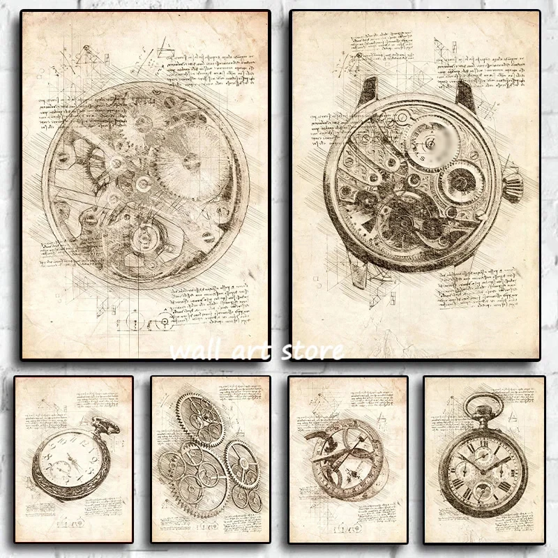 Interior Design Studio - Vintage Watch Sketch Poster Gear Watch